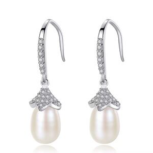 •Exquisitely High-end White Pearl with 925 Silver Timeless Classic Drop Earrings